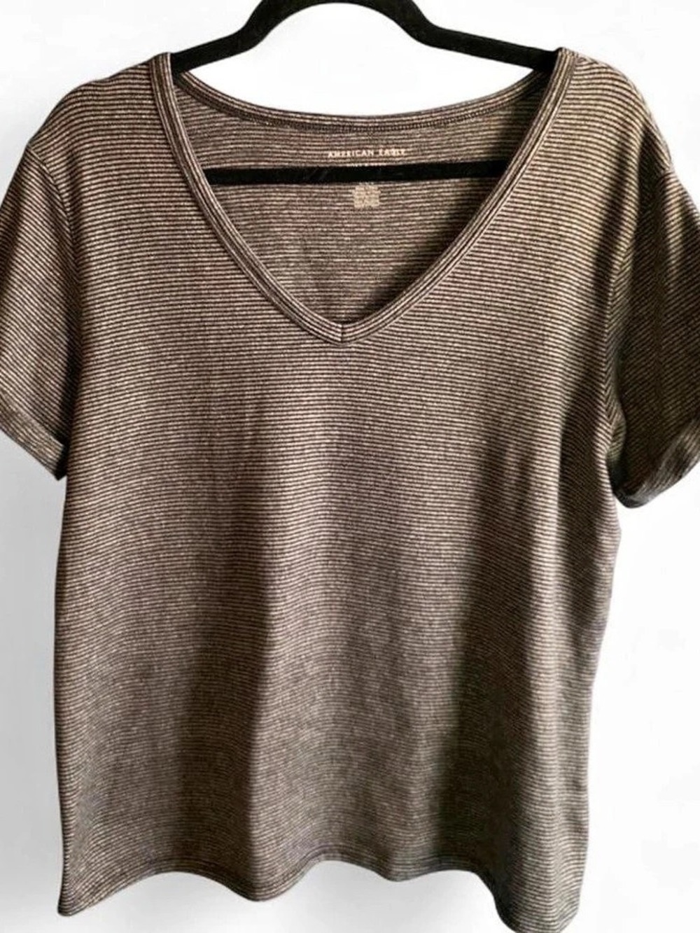 American Eagle Soft & Sexy Plush Striped V-Neck Tee in Brown & Black Size Large